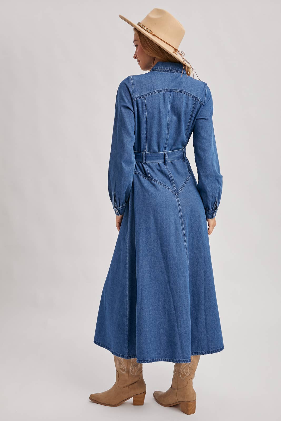 Denim Button Down Belted A-Line Maxi Dress
