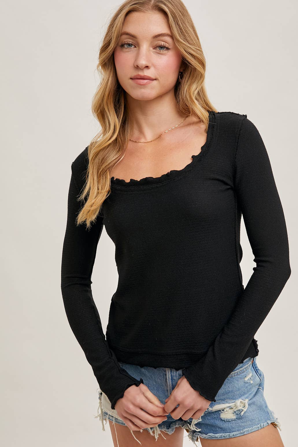 Ruffled Scoop Neck Exposed Seam Long Sleeve Top