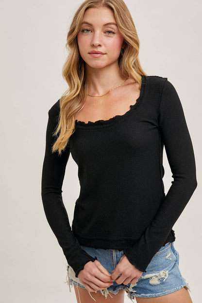 Ruffled Scoop Neck Exposed Seam Long Sleeve Top