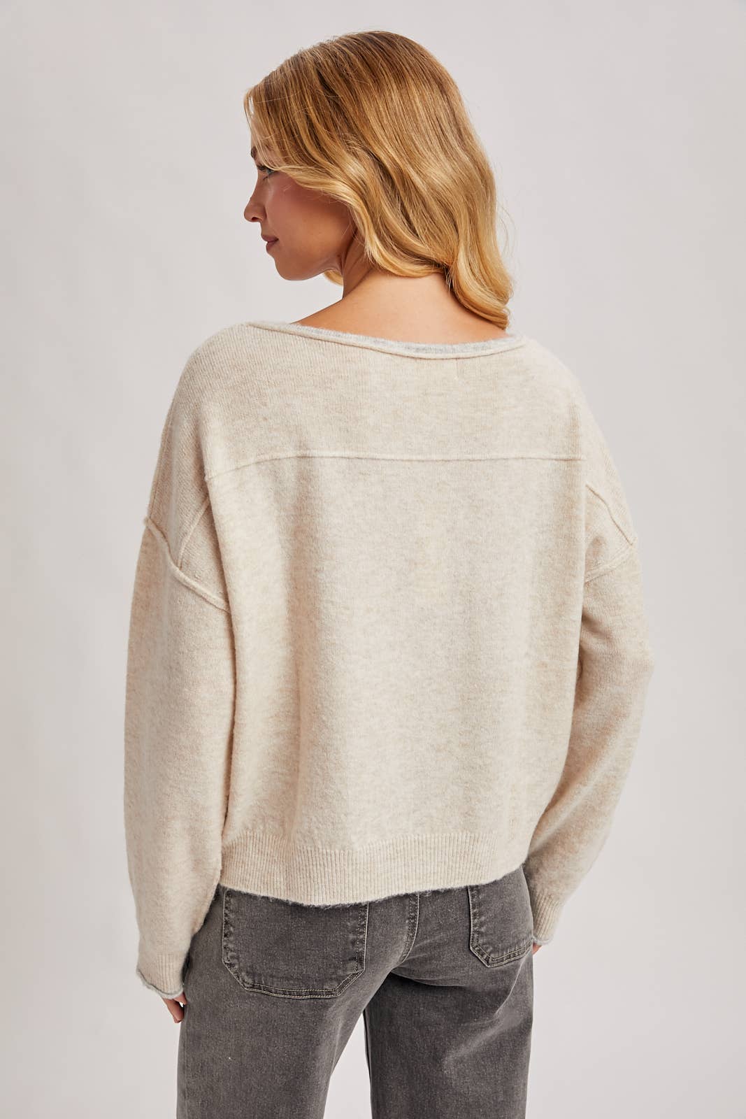Boat Neck Rolled Trim Soft Heathered Knit Pullover