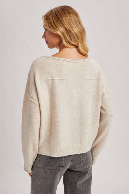 Boat Neck Rolled Trim Soft Heathered Knit Pullover
