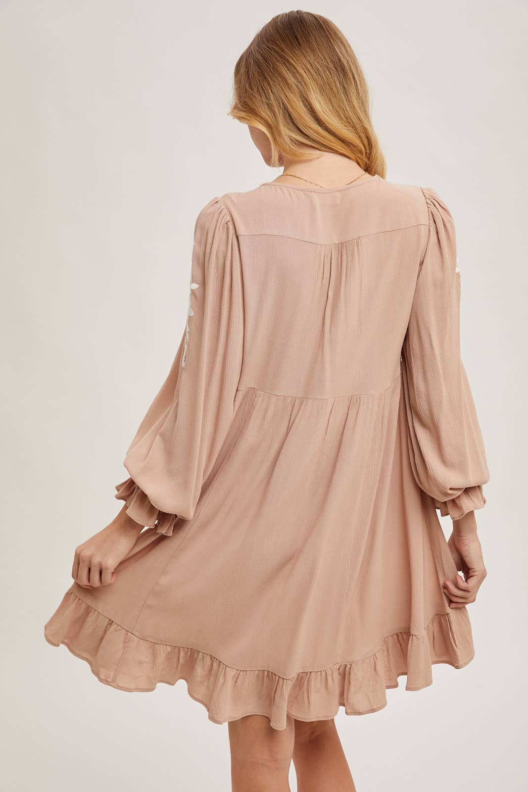 Embroidered V-Neck Ruffled Dress