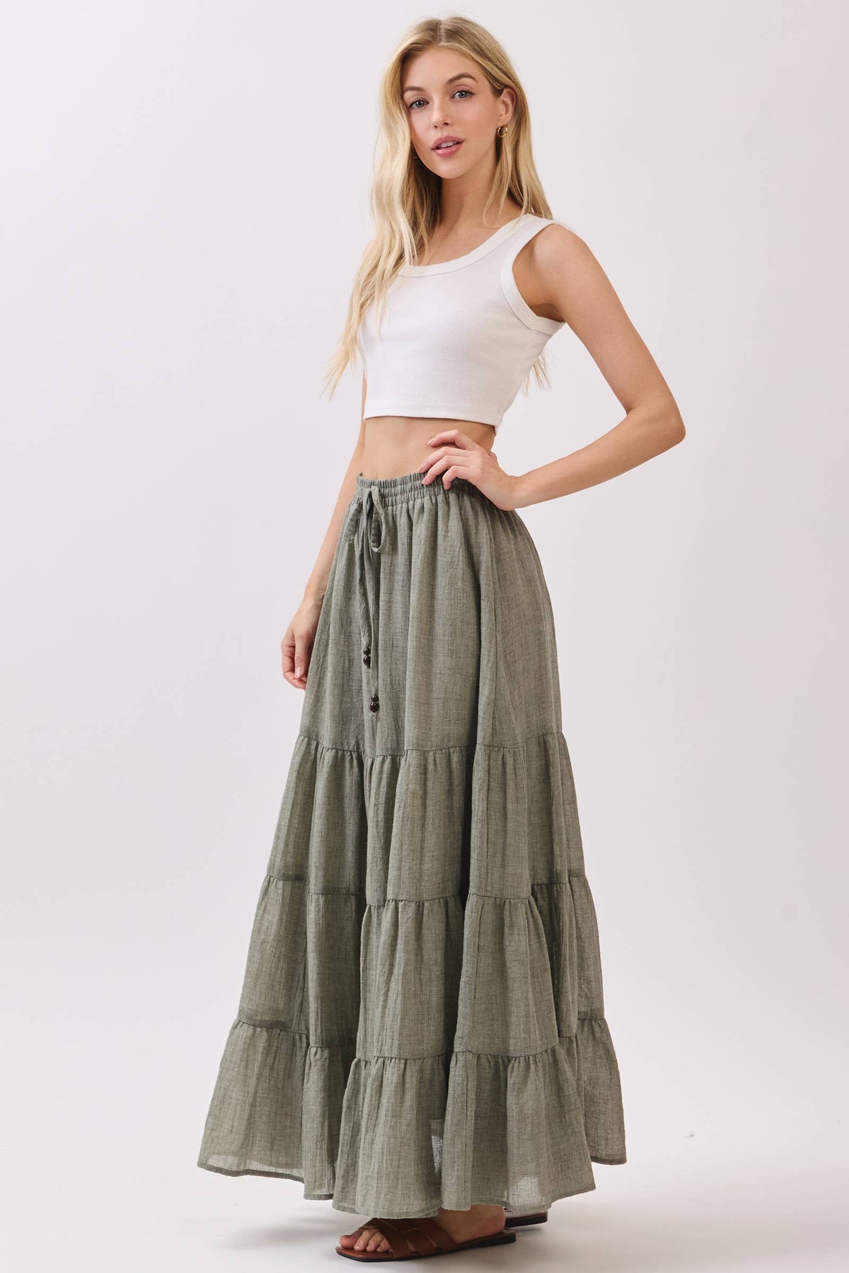 Tiered Coconut Tie Detail Maxi Skirt