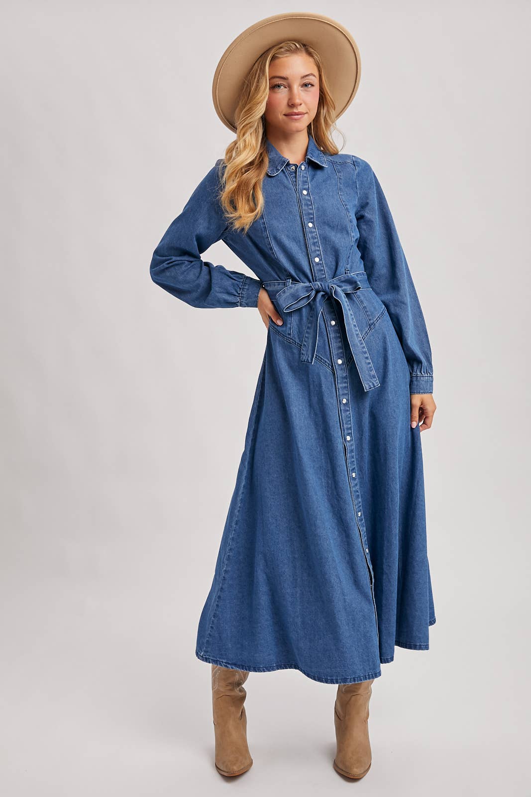 Denim Button Down Belted A-Line Maxi Dress
