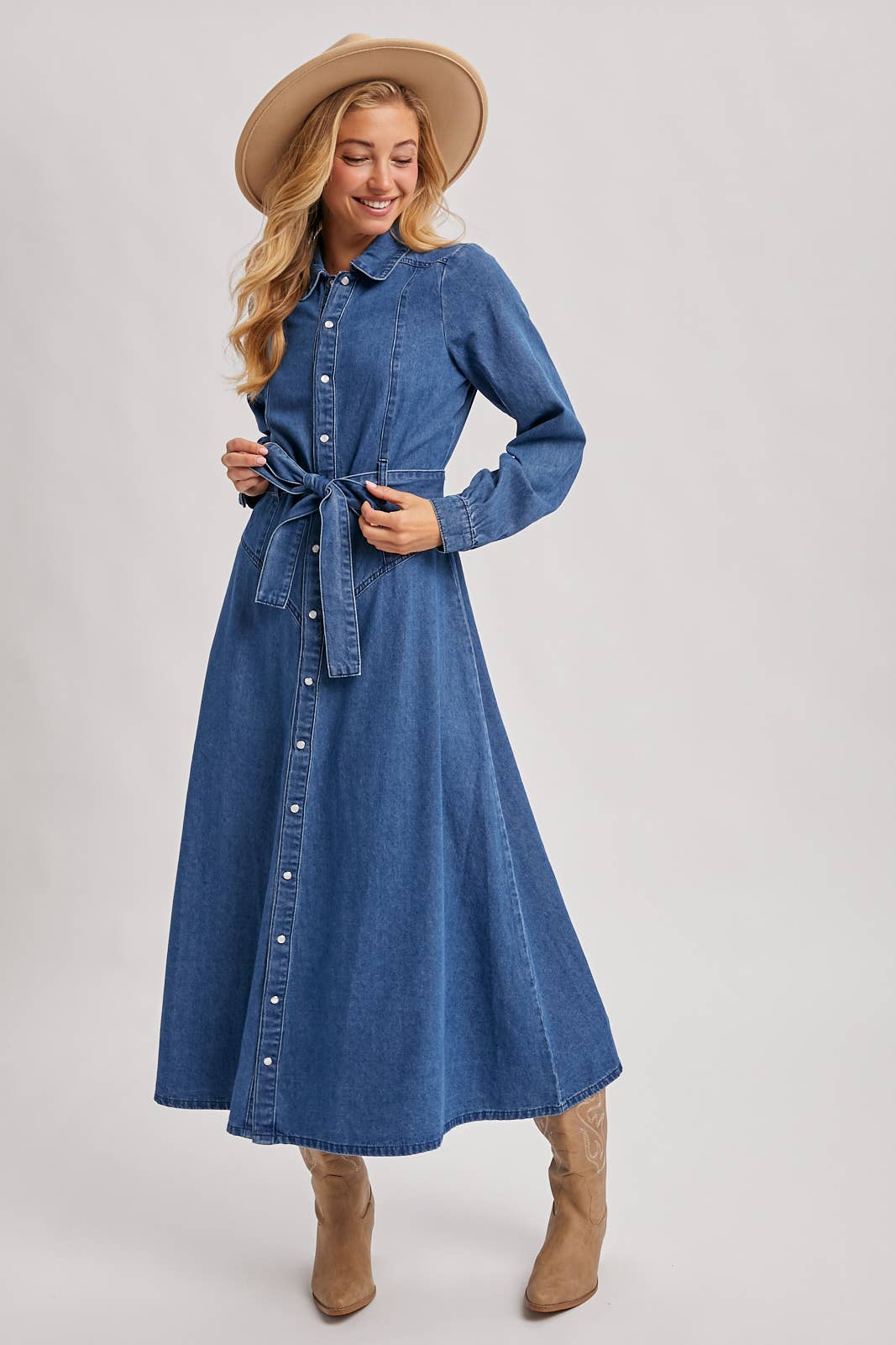 Denim Button Down Belted A-Line Maxi Dress