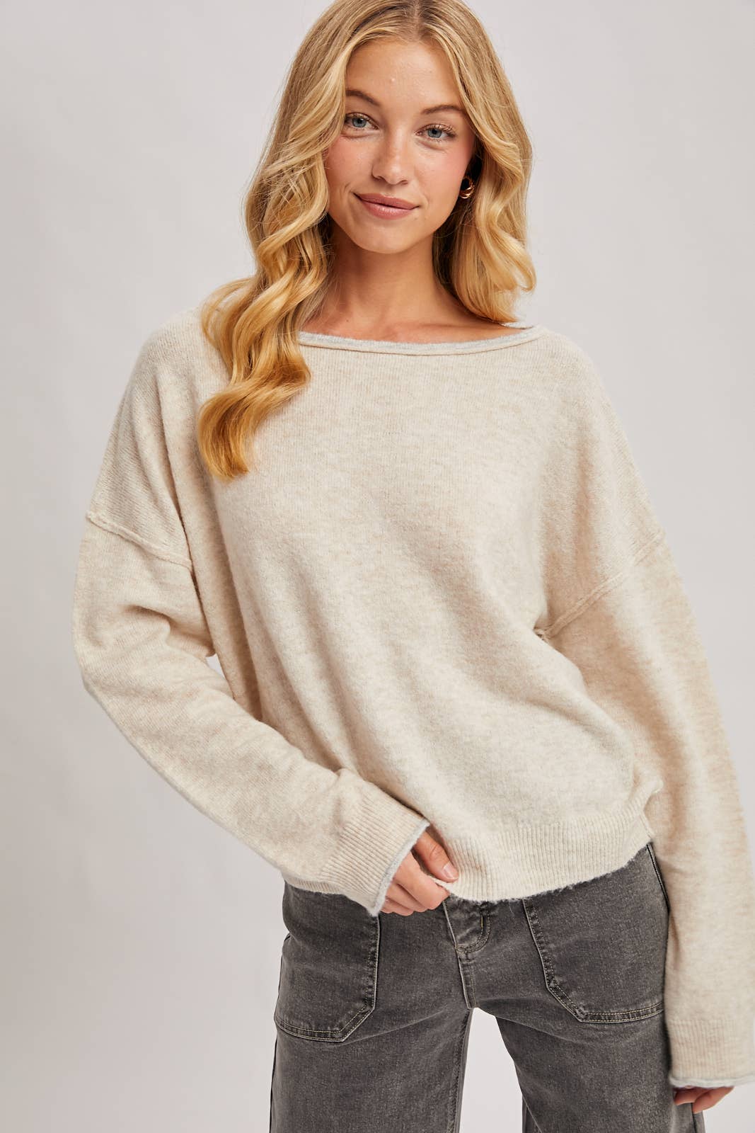 Boat Neck Rolled Trim Soft Heathered Knit Pullover