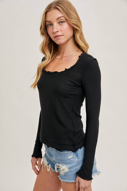Ruffled Scoop Neck Exposed Seam Long Sleeve Top