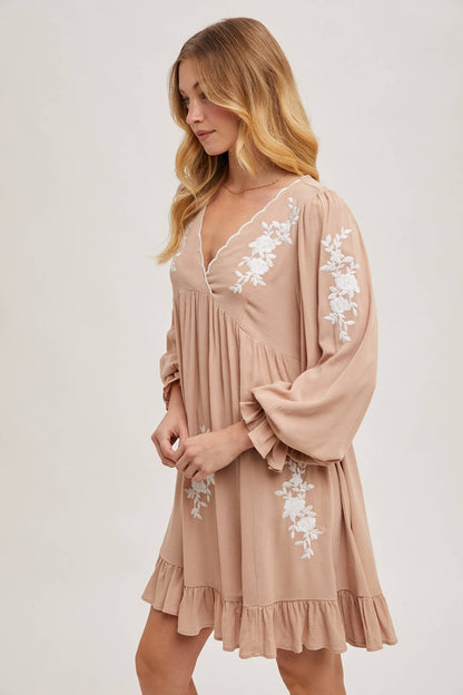 Embroidered V-Neck Ruffled Dress