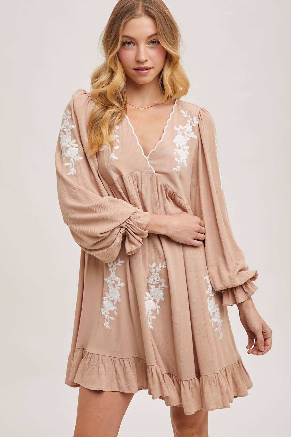 Embroidered V-Neck Ruffled Dress