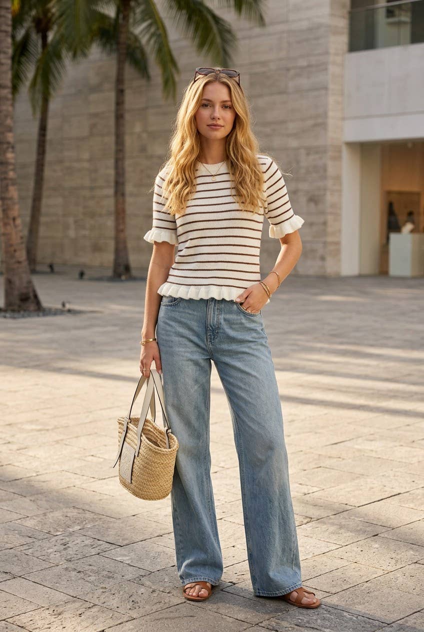 Striped Ruffle Sleeve Knitted Sweater