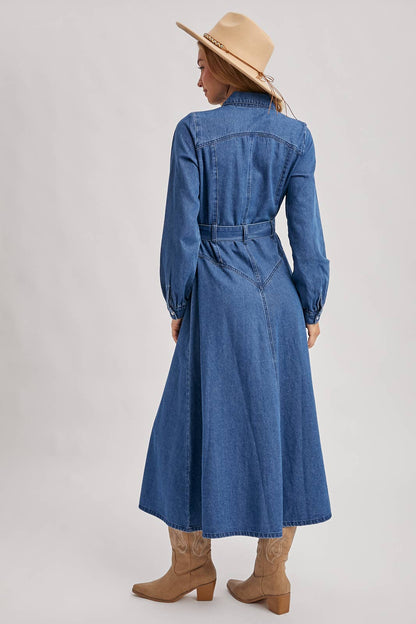 Denim Button Down Belted A-Line Maxi Dress