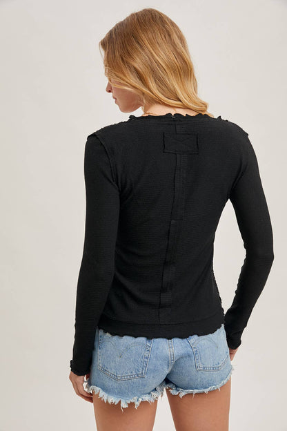 Ruffled Scoop Neck Exposed Seam Long Sleeve Top