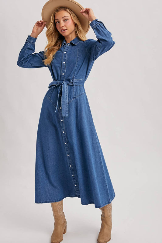 Denim Button Down Belted A-Line Maxi Dress