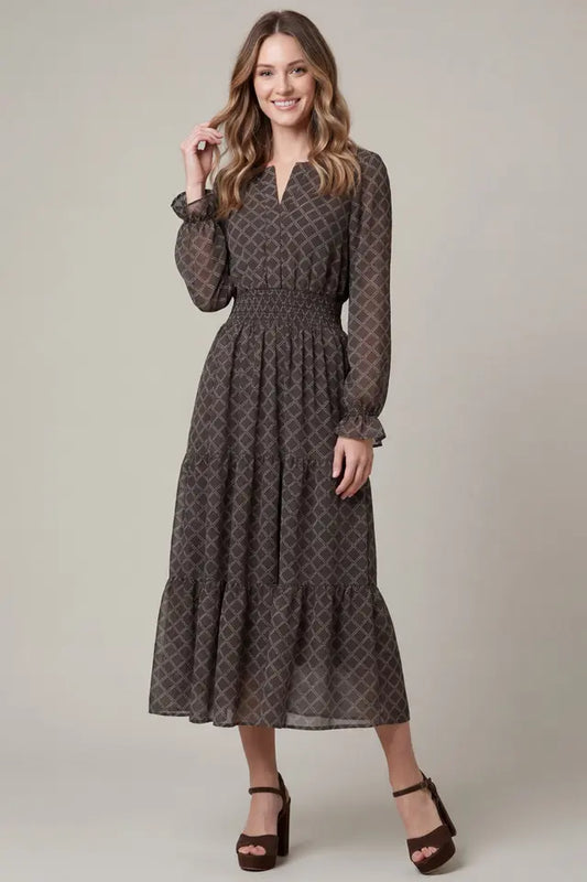 Long Sleeve Plaid Chiffon Dress
