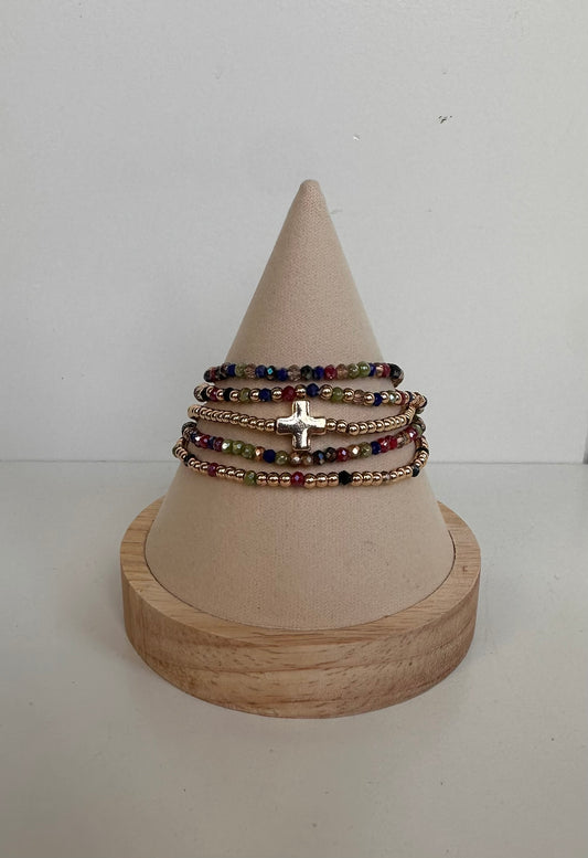 Multicolored and Gold Beaded Cross Bracelet Set