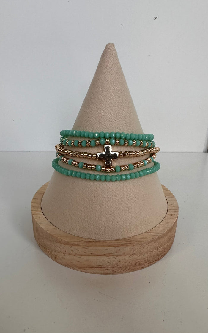 Mint and Gold Cross Bracelet Set