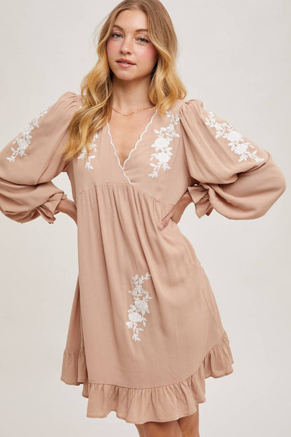 Embroidered V-Neck Ruffled Dress