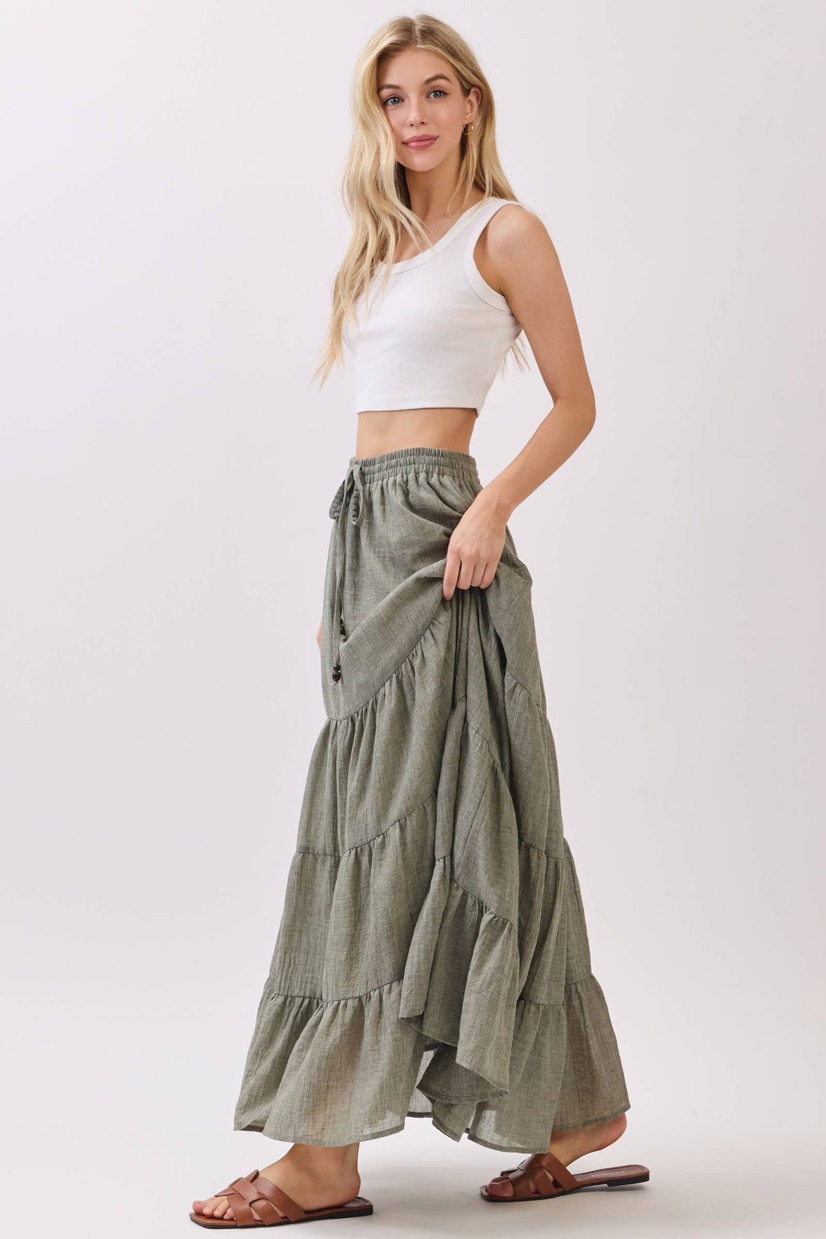 Tiered Coconut Tie Detail Maxi Skirt
