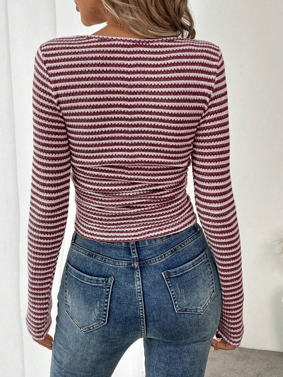 Striped Cotton Knit Square Neck Top