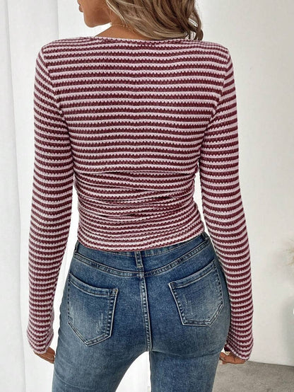 Striped Cotton Knit Square Neck Top