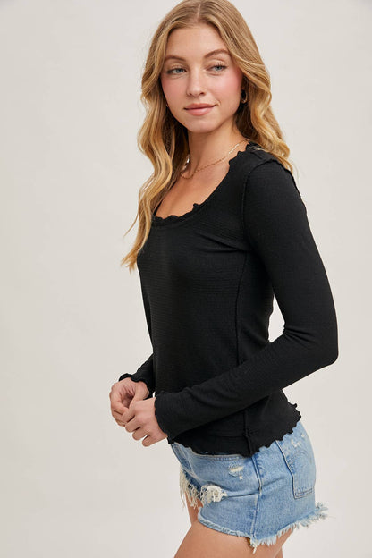 Ruffled Scoop Neck Exposed Seam Long Sleeve Top