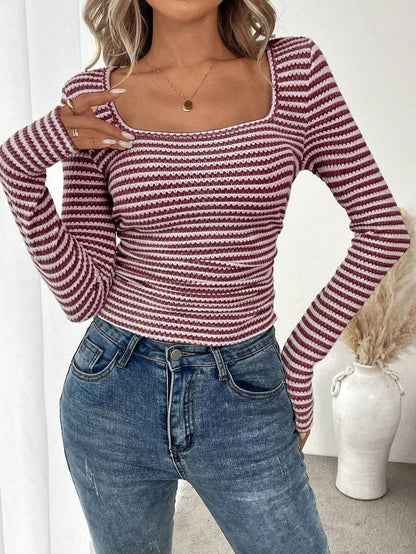 Striped Cotton Knit Square Neck Top