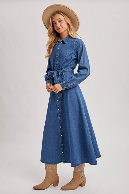 Denim Button Down Belted A-Line Maxi Dress